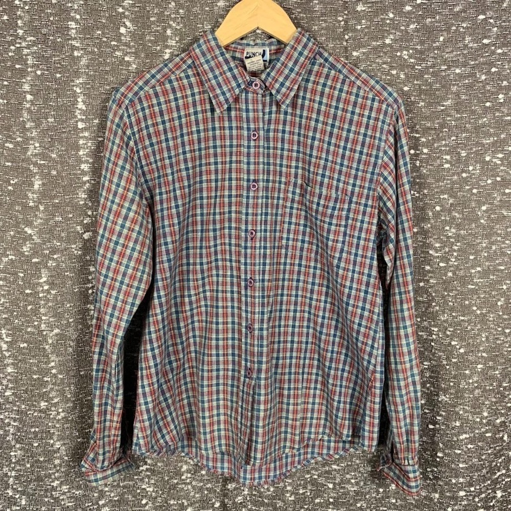 Vintage Punch Button Up Plaid Long Sleeve Flannel Shirt‎ Cabincore Women's Large